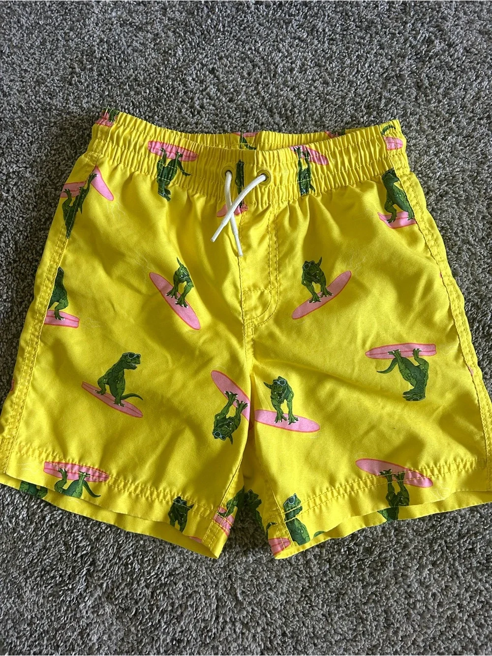 Old Navy Yellow Boys Swim Trunks with Pink Surfboard & Green Dino Print